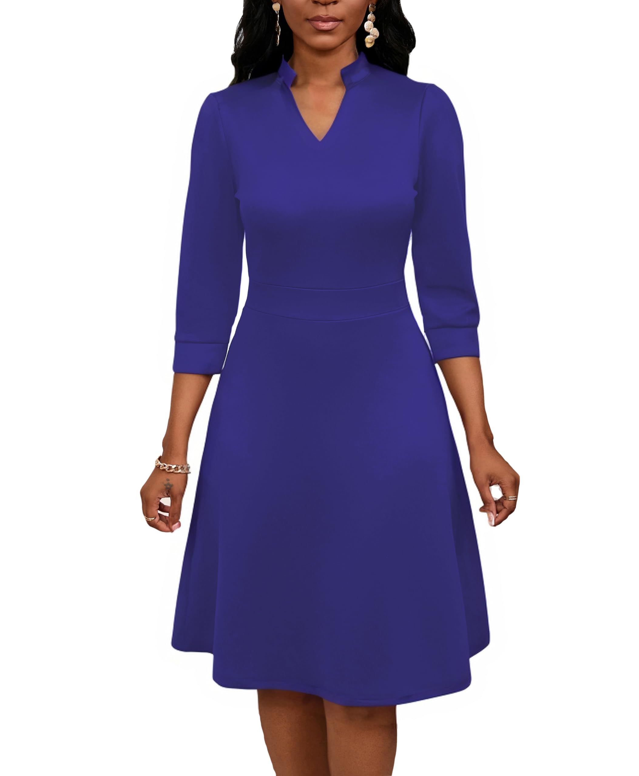 PerZeal Womens Wrap Dress 3/4 Sleeve Midi Dress for Women V Neck Casual A-Line Dresses for Wedding Guest Party Cocktail Blue Small