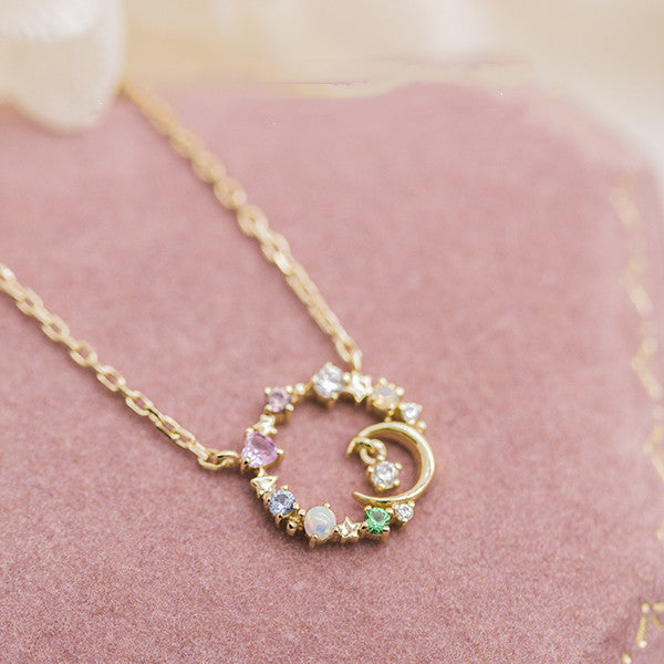 Cute Minimalist Star Moon Opal 925 Silver Gold Necklace