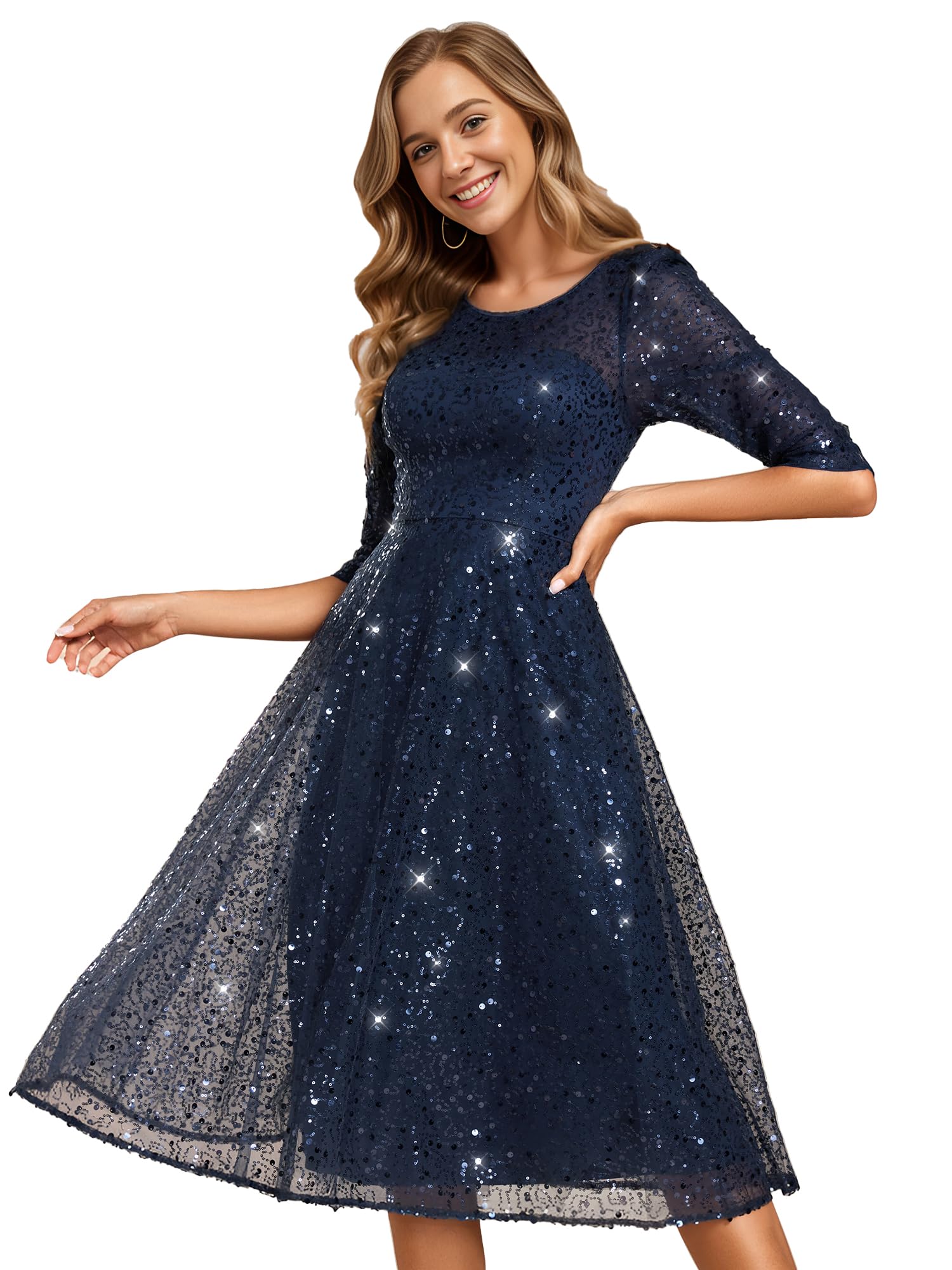 Ever-Pretty Womens Round Neck 3/4 Sleeves Formal Dresses Sequin A Line Midi Wedding Guest Dress Navy Blue US8
