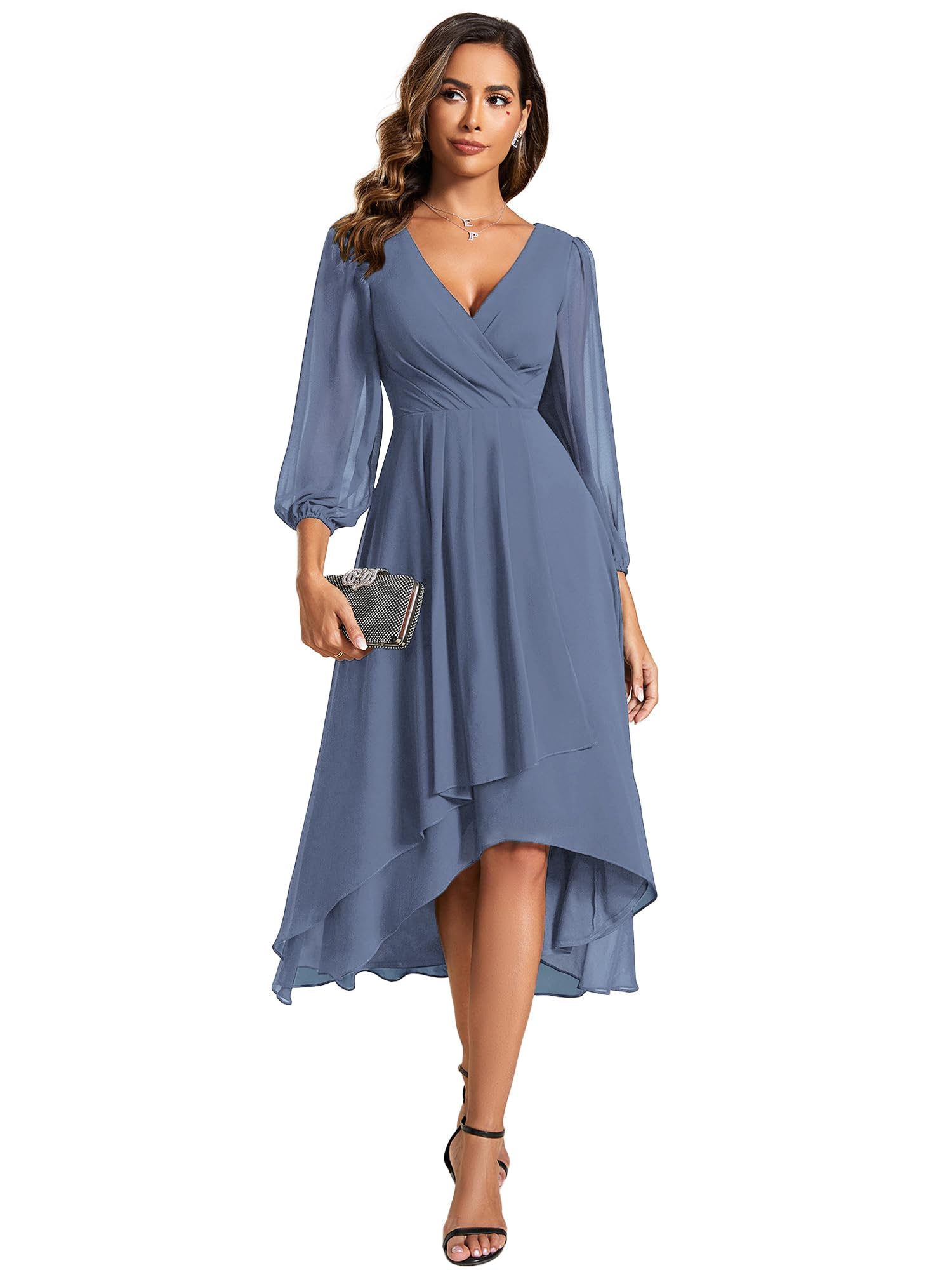 Ever-Pretty Womens Chiffon V Neck Long Sleeves Pleated A-Line Midi Wedding Guest Dress Dusty Navy US30