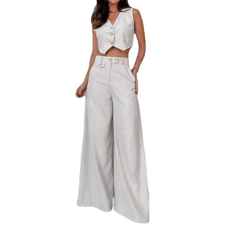 2023 Fashionable Striped V-Neck Wide-Leg Pants Set