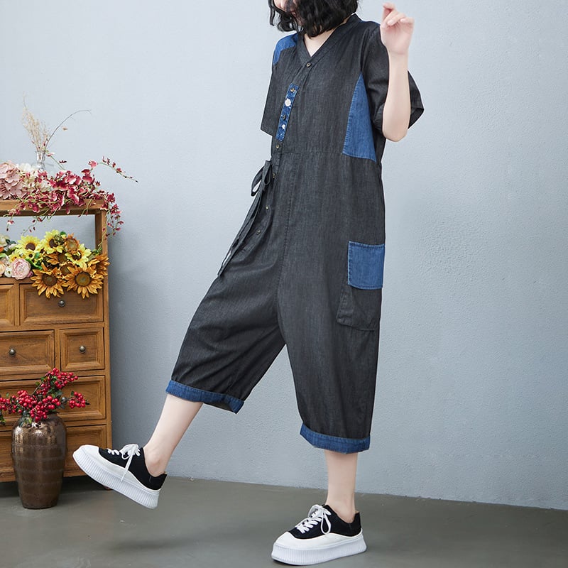 Women's Drawstring Denim Jumpsuit Fashion Outfit