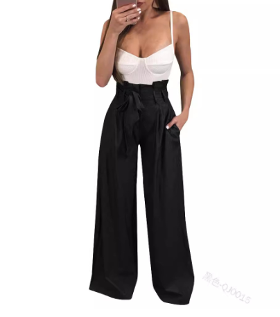 High-Waisted Lace-Up Casual Wide-Leg Pants (One Piece)