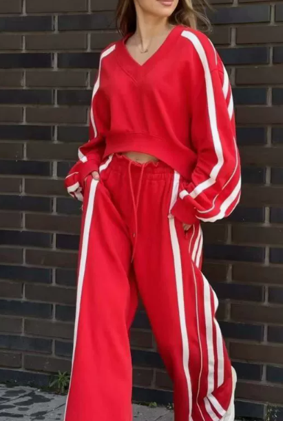 Casual V-Neck Striped Top & Wide Leg Pants Set (One Set)