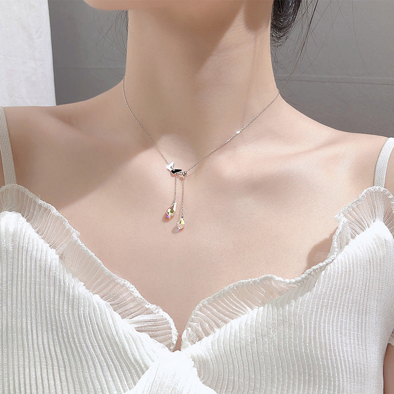 925 Silver Butterfly Waterdrop Tassel Necklace for Women