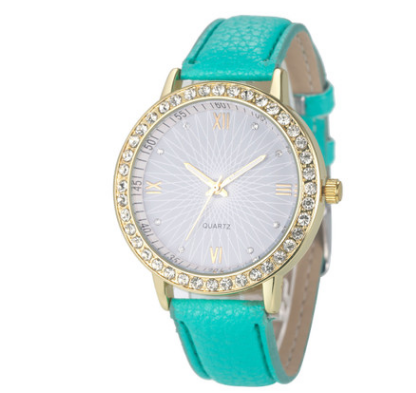 Rhinestone Quartz Watch, Geneva Style, Leather Band Karis Fashions