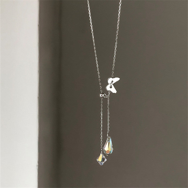 925 Silver Butterfly Waterdrop Tassel Necklace for Women