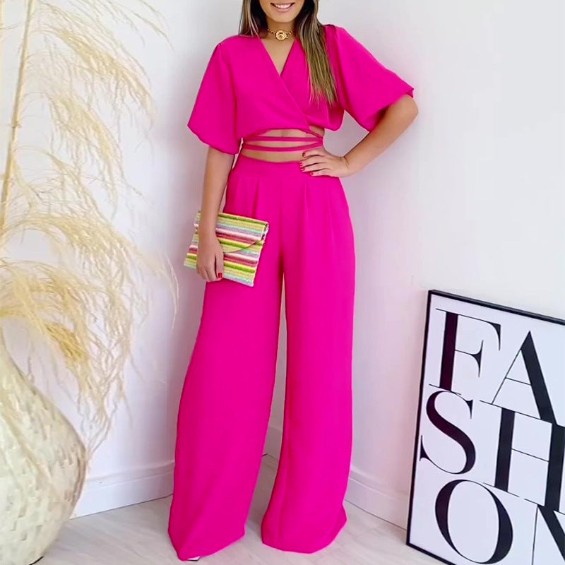 2023 Summer V-Neck Top & High-Waist Wide Leg Pants Set