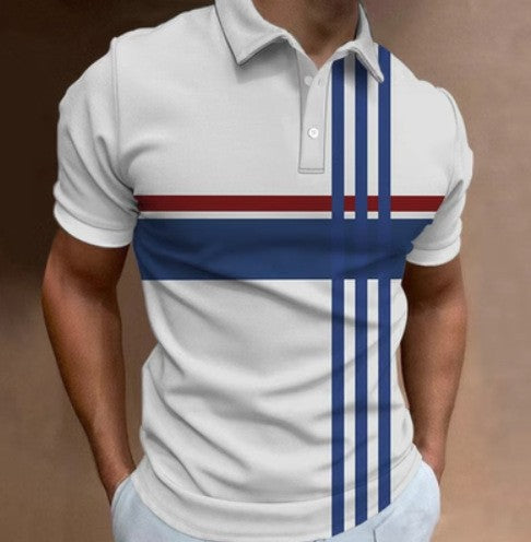 Men's 3D Digital Print Fashion Striped Polo Shirt