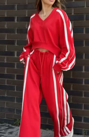 Casual V-Neck Striped Top & Wide Leg Pants Set (One Set)