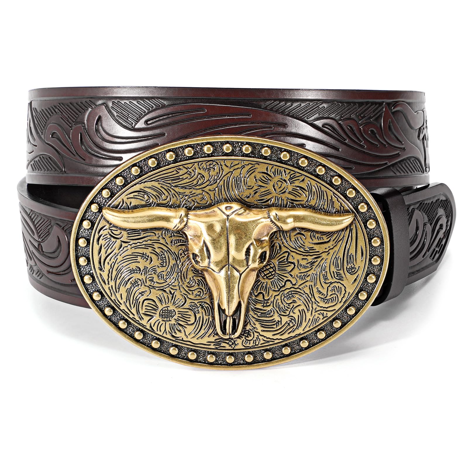 LALATCH Cowboy Belt Western Belts for Men Women Cowgirl Rodeo Large Bull Buckle Western Leather Belt for Jeans Coffee