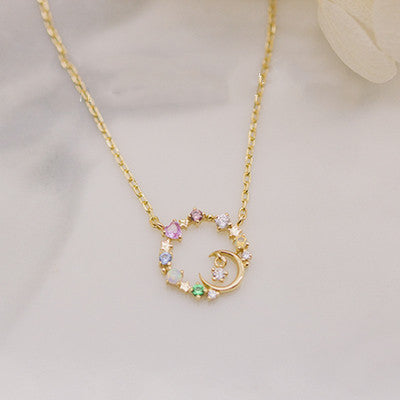 Cute Minimalist Star Moon Opal 925 Silver Gold Necklace