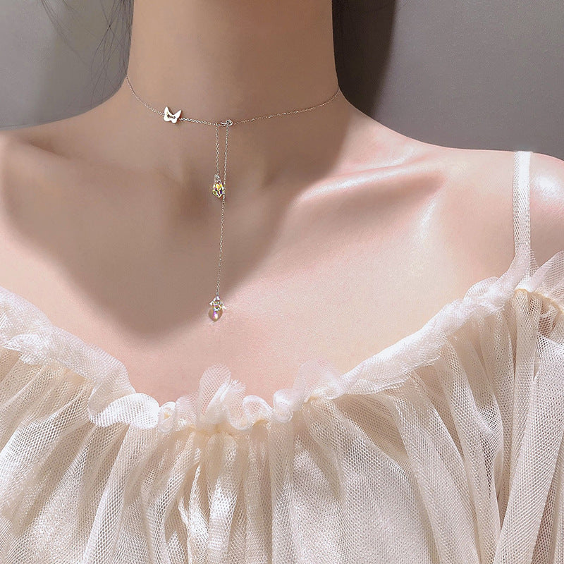 925 Silver Butterfly Waterdrop Tassel Necklace for Women